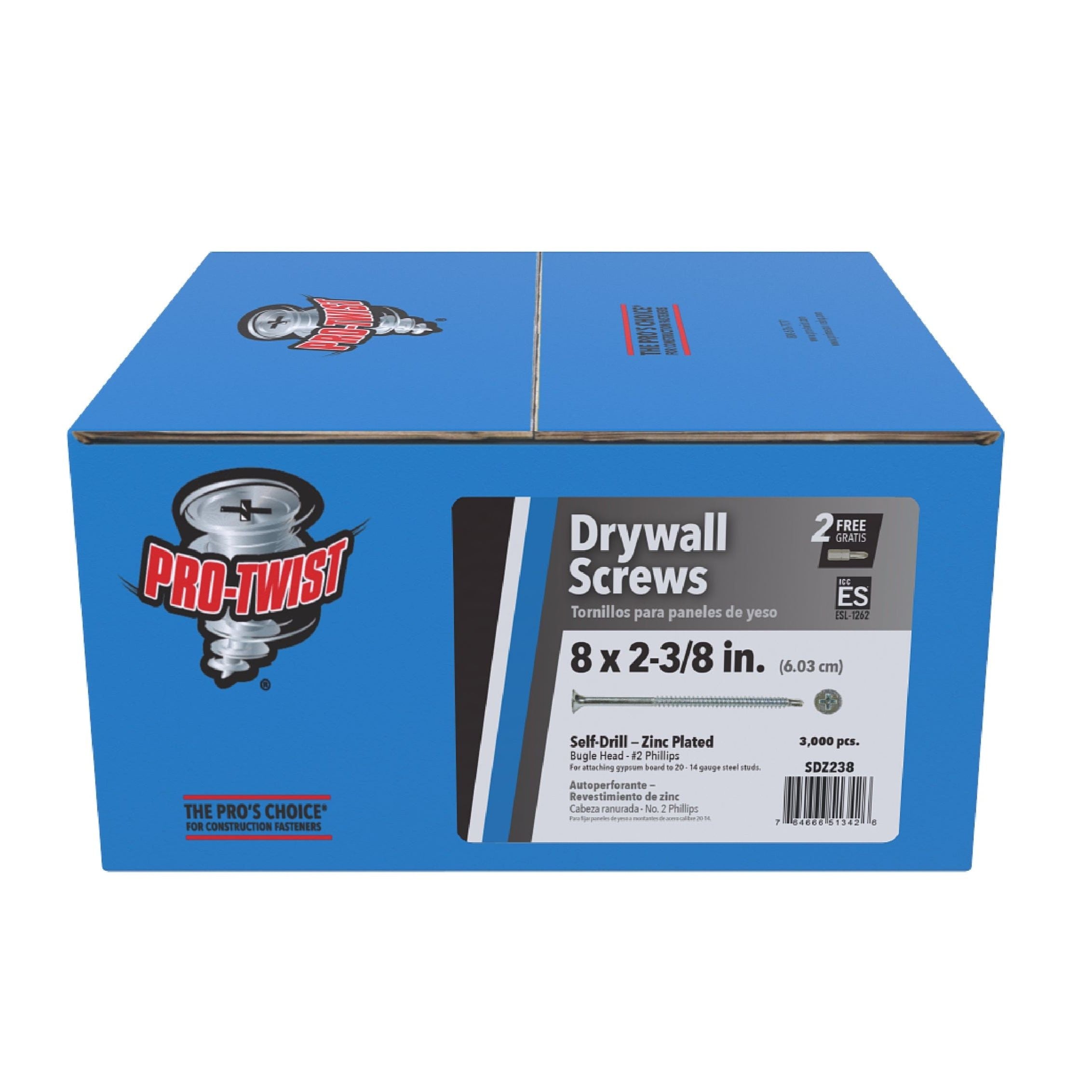 A blue box of Pro-Twist PRO-TWIST SDZ238 drywall screws in 8 x 2-3/8 in. size highlights zinc plating and self-drilling capabilities, tailored for professionals. The box top displays the Pro-Twist logo with a screw graphic and contains details in Spanish, ideal for drywall tasks.